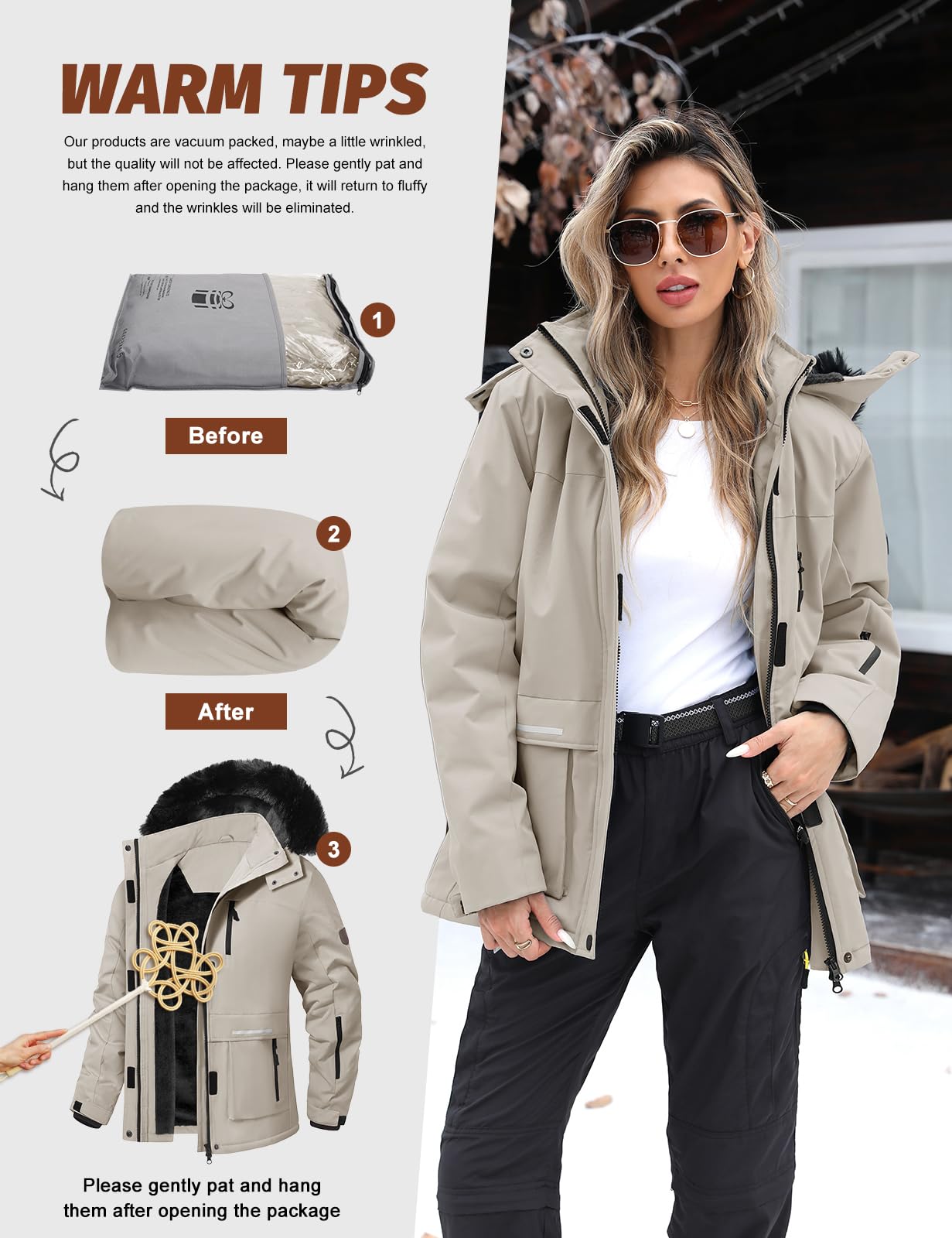 Voqeen Chaqueta de Esquí Invierno para Mujer Termica Abrigo de Nieve Impermeable de Montaña Forro Polar Antiviento Cazadora con Capucha