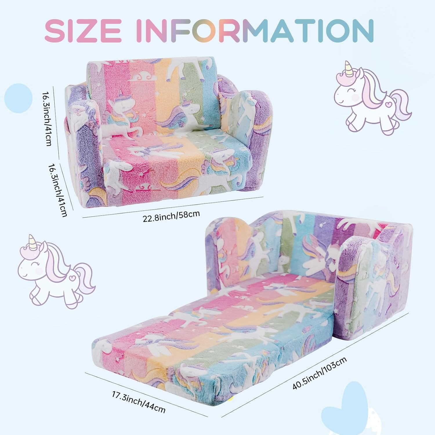Kids Couch Sofa Toddler Couch Unicorn Glow in The Dark 2-in-1 Foldable Kids Sofa Bed Flip Open Toddler Sofa Chair for Girls Playroom Birthday Gift