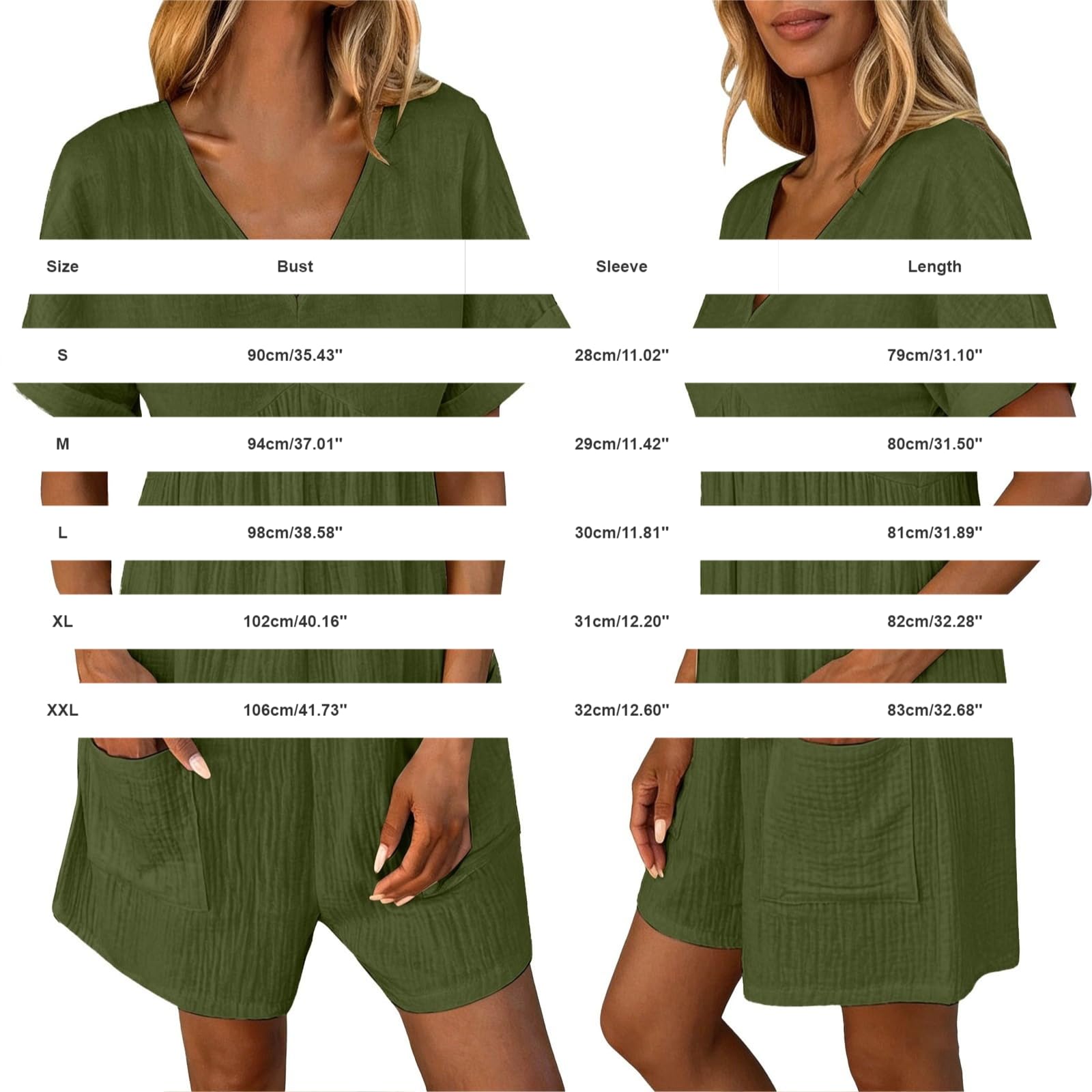 Combinaison courte en lin pour femme - Col en V - Manches courtes - Avec