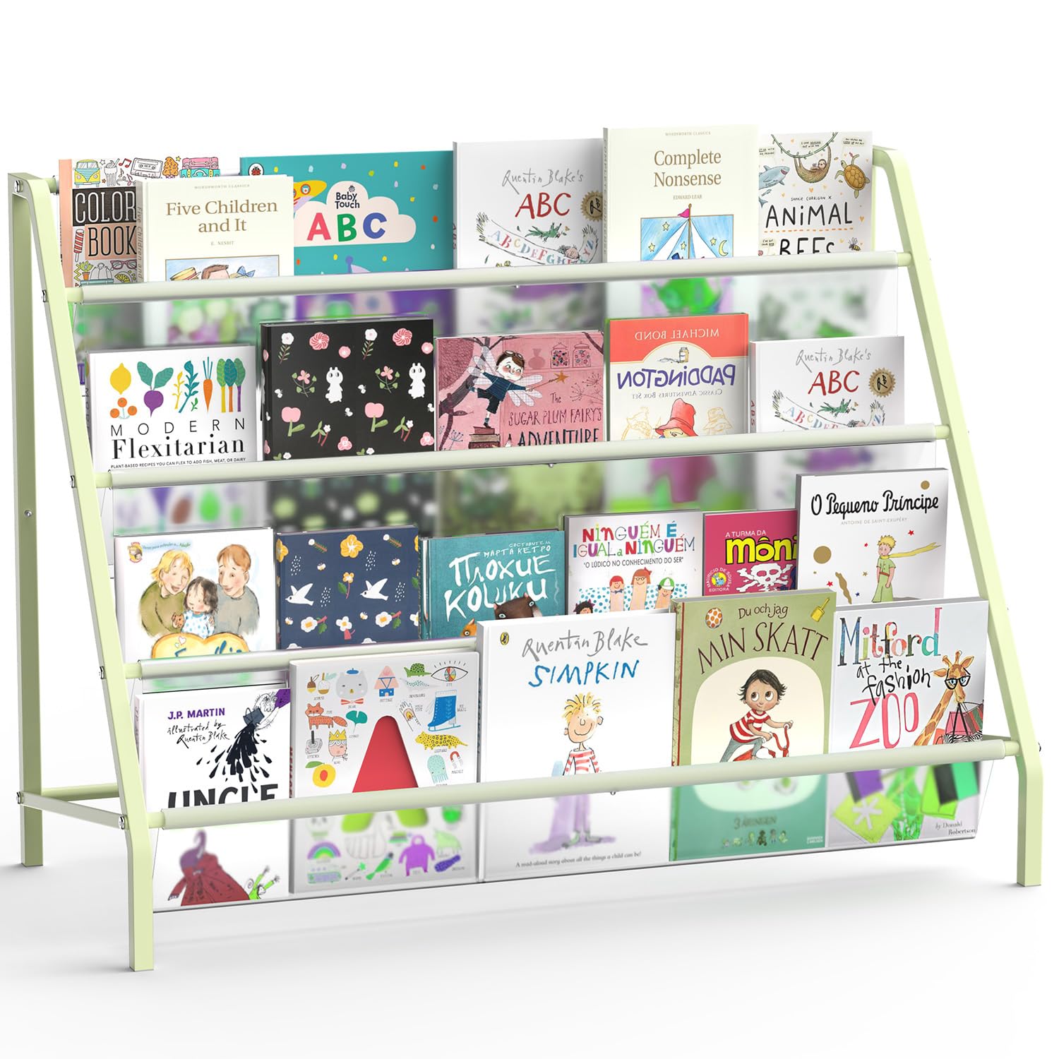 HAVEDAWN High-Transparent 4 Tier Kids Bookshelf, Sturdy Metal Large Size Book Rack Storage for Kid - Toddler Book Shelf Display for Nurasery, Playroom