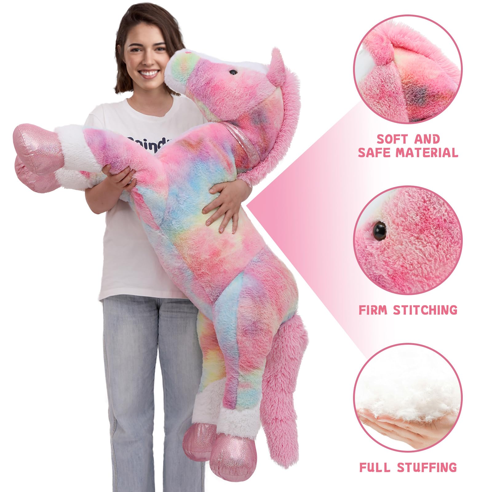 KERTA 47 Inch Large Horse Stuffed Animal Toy, 4ft Tie-Dye Pink Horse Pony Plush Toy, Hugging Soft Horse Plush Pillow for Kids Adult 3