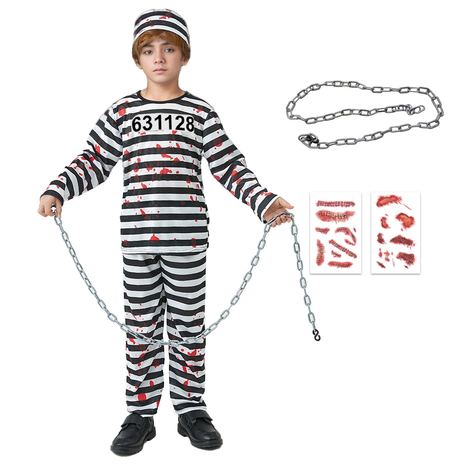 Blisscok Prisoners Zombie Costume for Kids - Boys' Halloween Outfit With Striped Trousers, Top Hat, Handcuffs, Stickers - Convict Fancy Dress