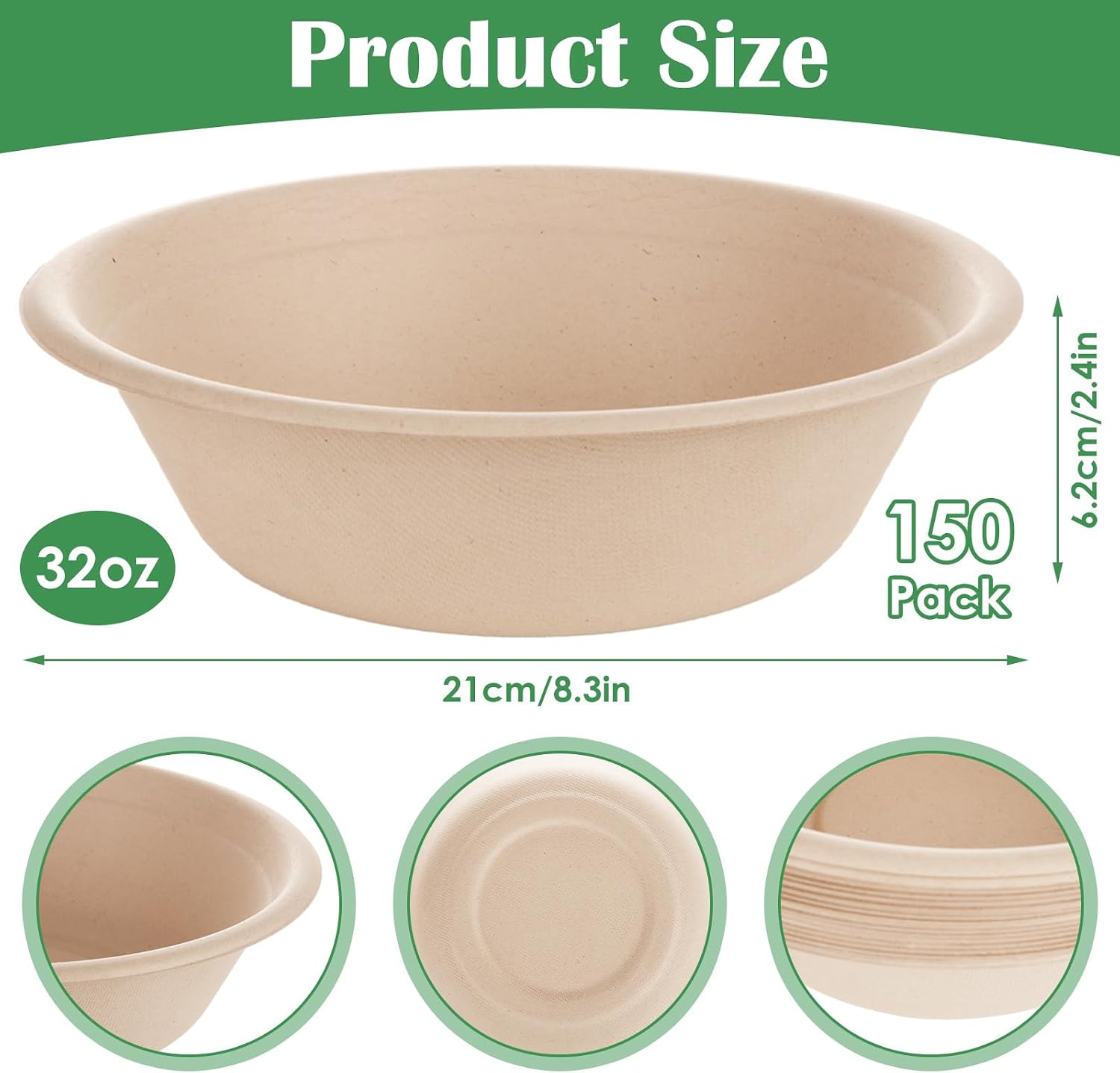 YAYODS 150 Pack Paper Bowls 32oz Compostable Bagasse Bowls Heavy Duty Disposable Deep Paper Bowls for Hot Food, Soup, Salad, Cereals