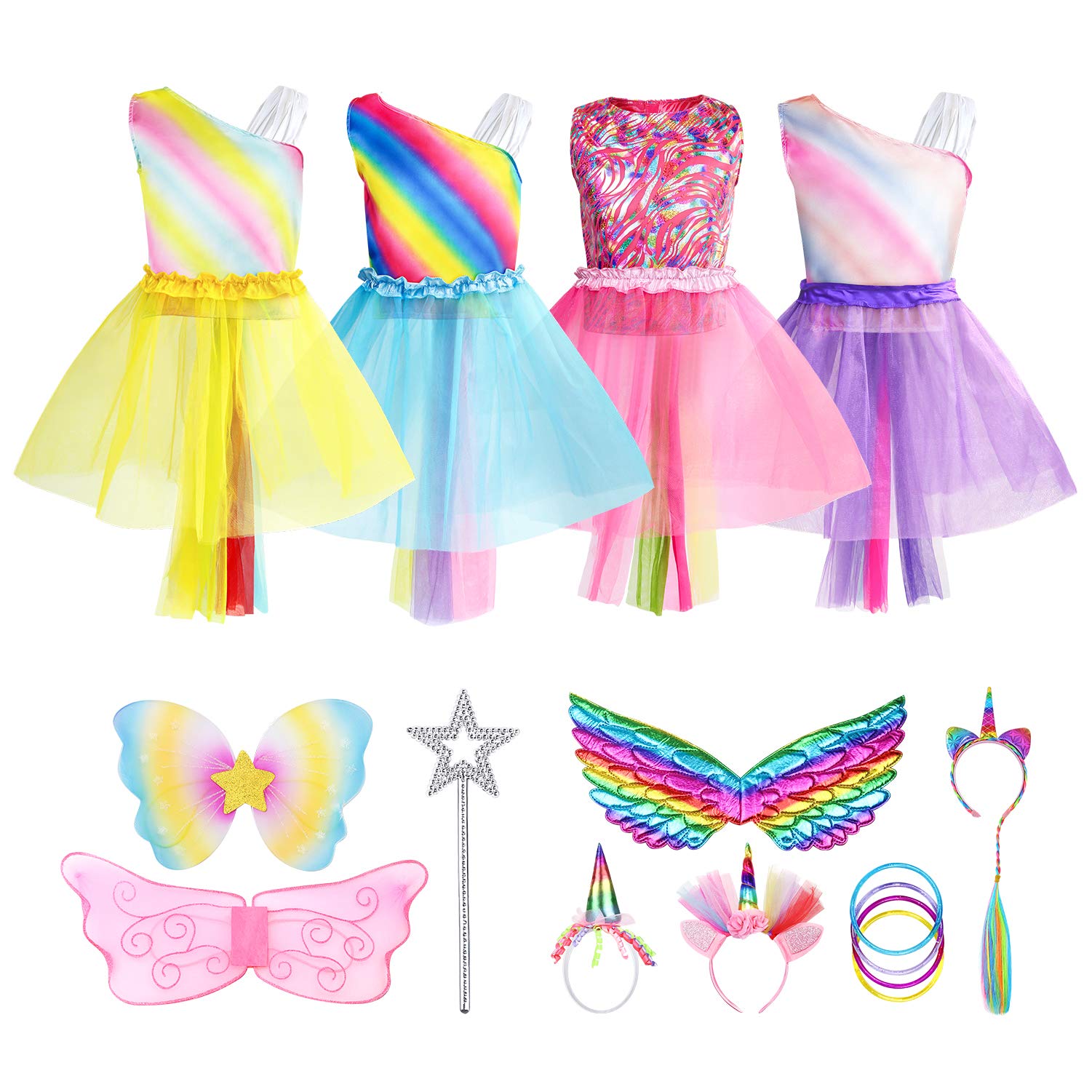 Jeowoqao Girls Princess Dress up Trunk Set 19 Pcs, Rainbow Unicorn