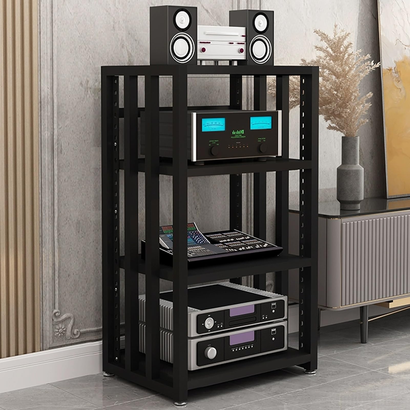 Cadre en acier robuste pour ce meuble hi fi au fini nero haut de gamme 55cm