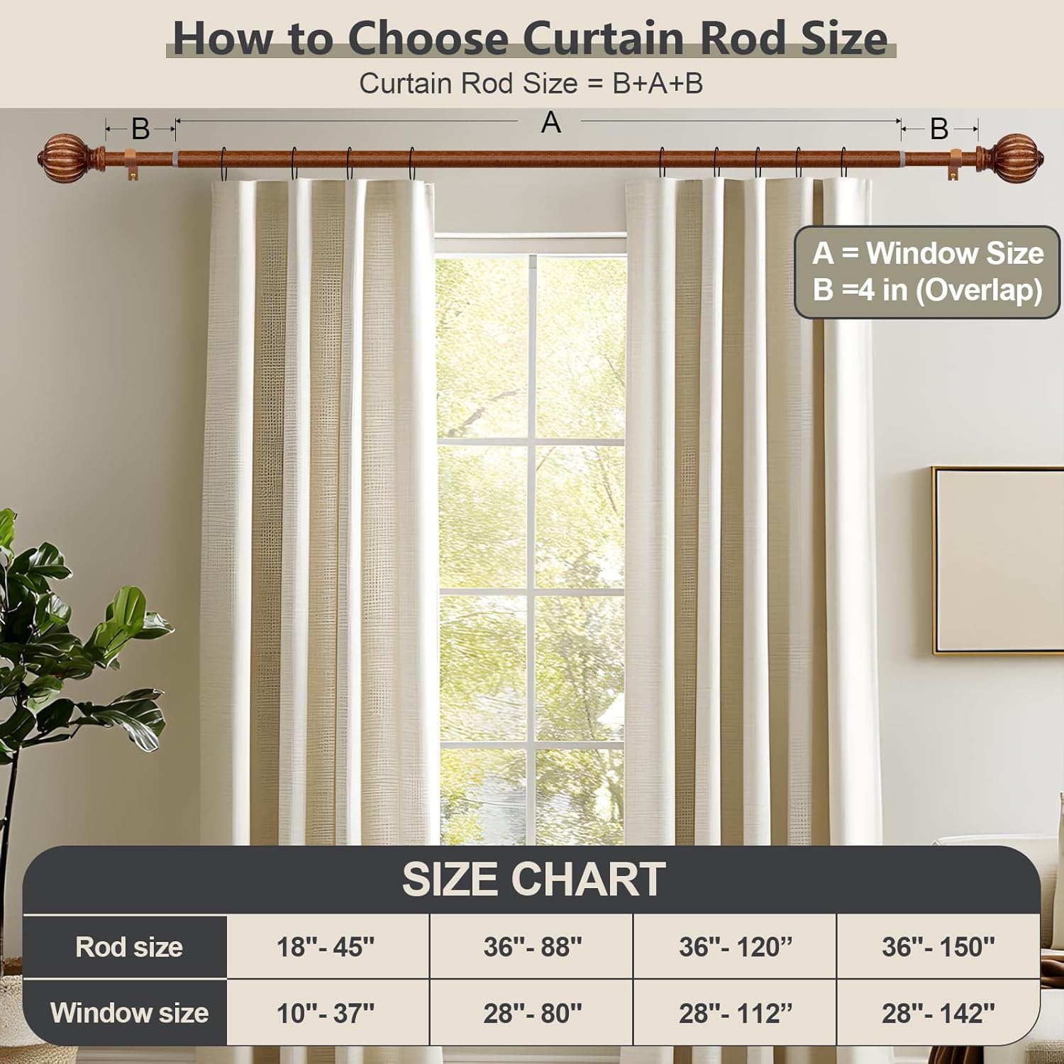 QDWIS Dark Brown Wood Curtain Rods for Windows 48 to 84 Inch, 1'' Adjustable Heavy Duty Curtain Rod，Vintage Imitation Wood Decorative Drapery Rods with Pumpkin Finials for Bedroom Living Room
