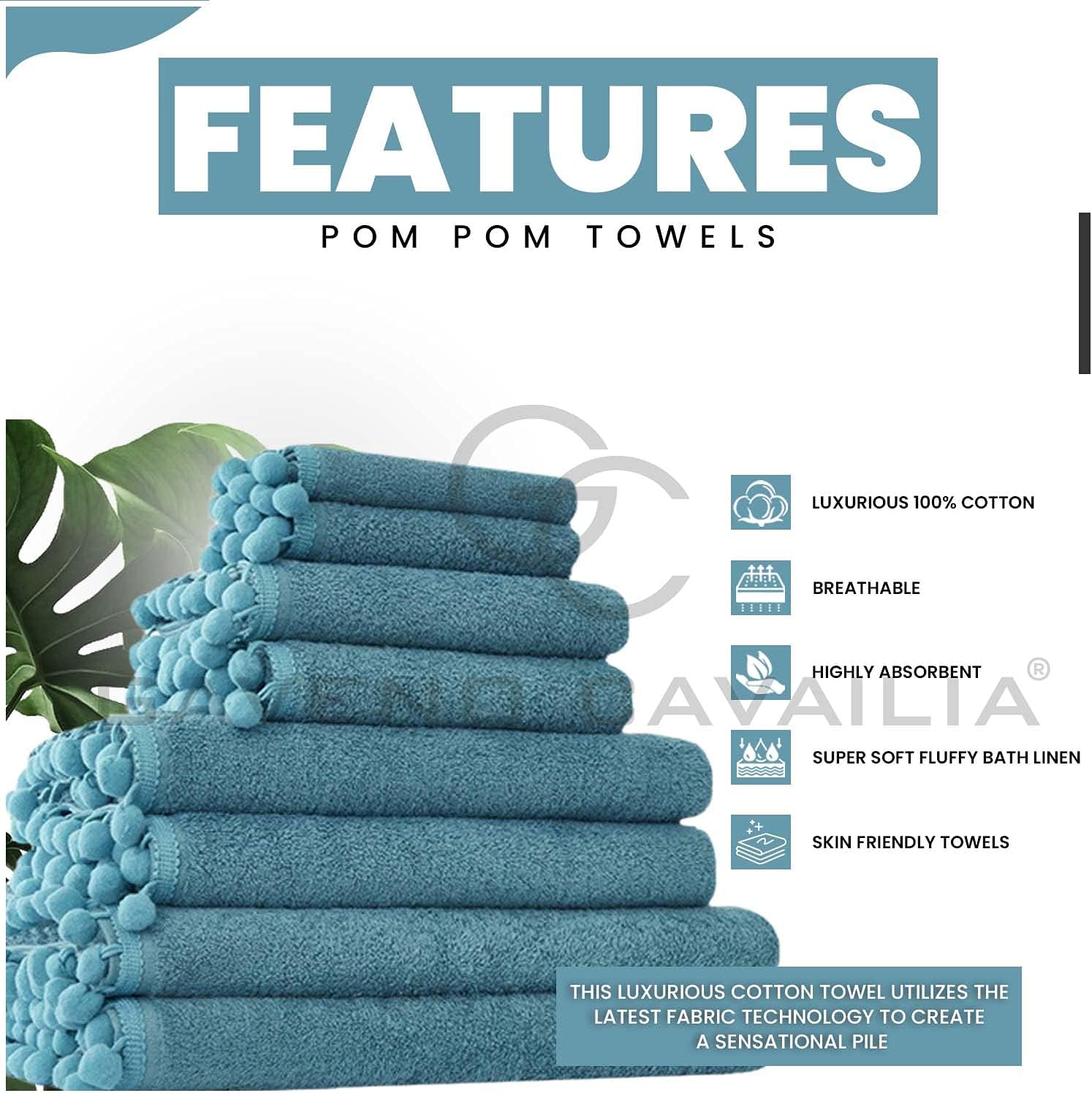 GC GAVENO CAVAILIA Luxury 2PK Pom Pure Cotton 550 GSM Hand Towels OR Ultra Soft Super Absorbent, Egyptian, Teal, Pack of 2 Bath Sheet - Image 3