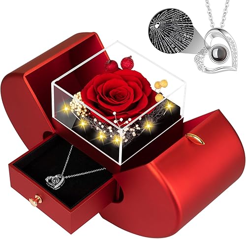 Lebana Preserved Red Real Rose with I Love You Necklace, Mothers Day Gifts for Mom Women Her Wife Girlfriend Grandma Birthday Mothers Day Valentines Christmas Anniversary Romantic-Red