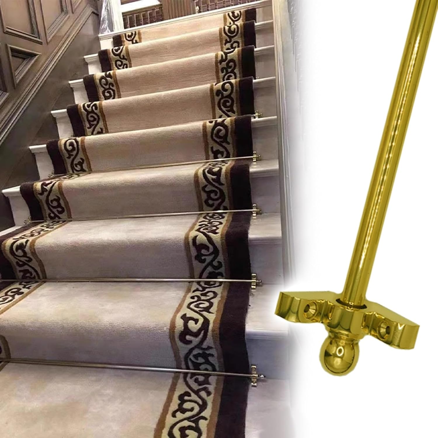Heavy Duty Stair Carpet Fixator for Indoor/Outdoor Carpeted Staircase, Stair Carpet Gripper Rod Custom Size - 5 10 11 13 Pack, Stairway Rug Rods with Finials & Brackets(Brass-5pcs,47.3in/120cm)