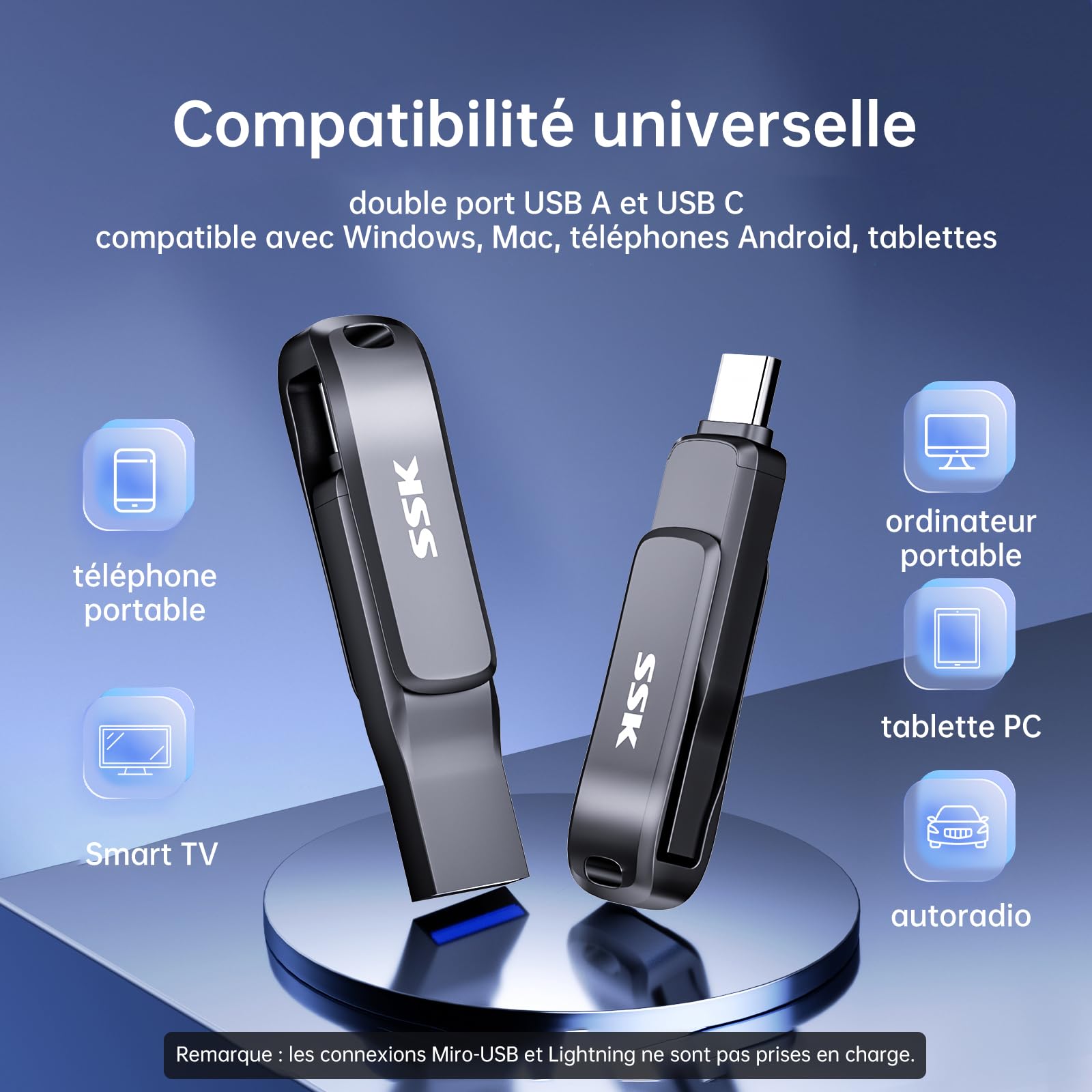 SSK Cle USB 3.2 256 Go, Vitesse de Lecture jusqu'à 200MB/S, clé USB Double avec Type C et USBA,Clef-USB Robuste en métal Noir pour Smartphone, Tablettes, MacOS,iphone 15 Stockage,Voiture,TV