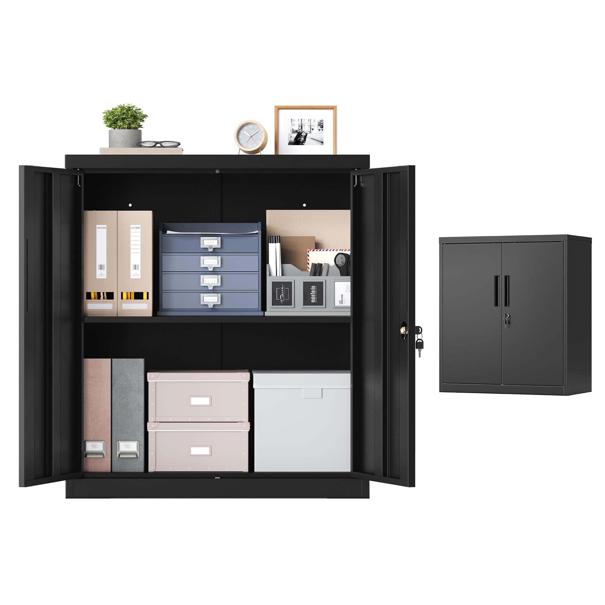 SONGMICS Armadio Portadocumenti, Armadietto in Metallo, Mobile da Ufficio con Chiusura, 2 Ante, Acciaio, 80 x 40 x 90 cm, Ripiano Regolabile, Nero Opaco OMC019BD01