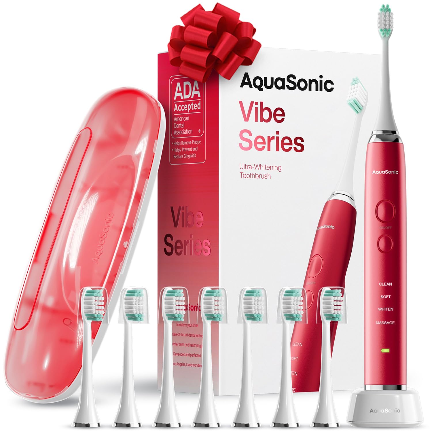 Aquasonic Vibe Series Ultra-Whitening Toothbrush – ADA Accepted Electric Toothbrush - 8 Brush Heads & Travel Case – 40,000 VPM Motor & Wireless Charging - 4 Modes w Smart Timer – Ruby