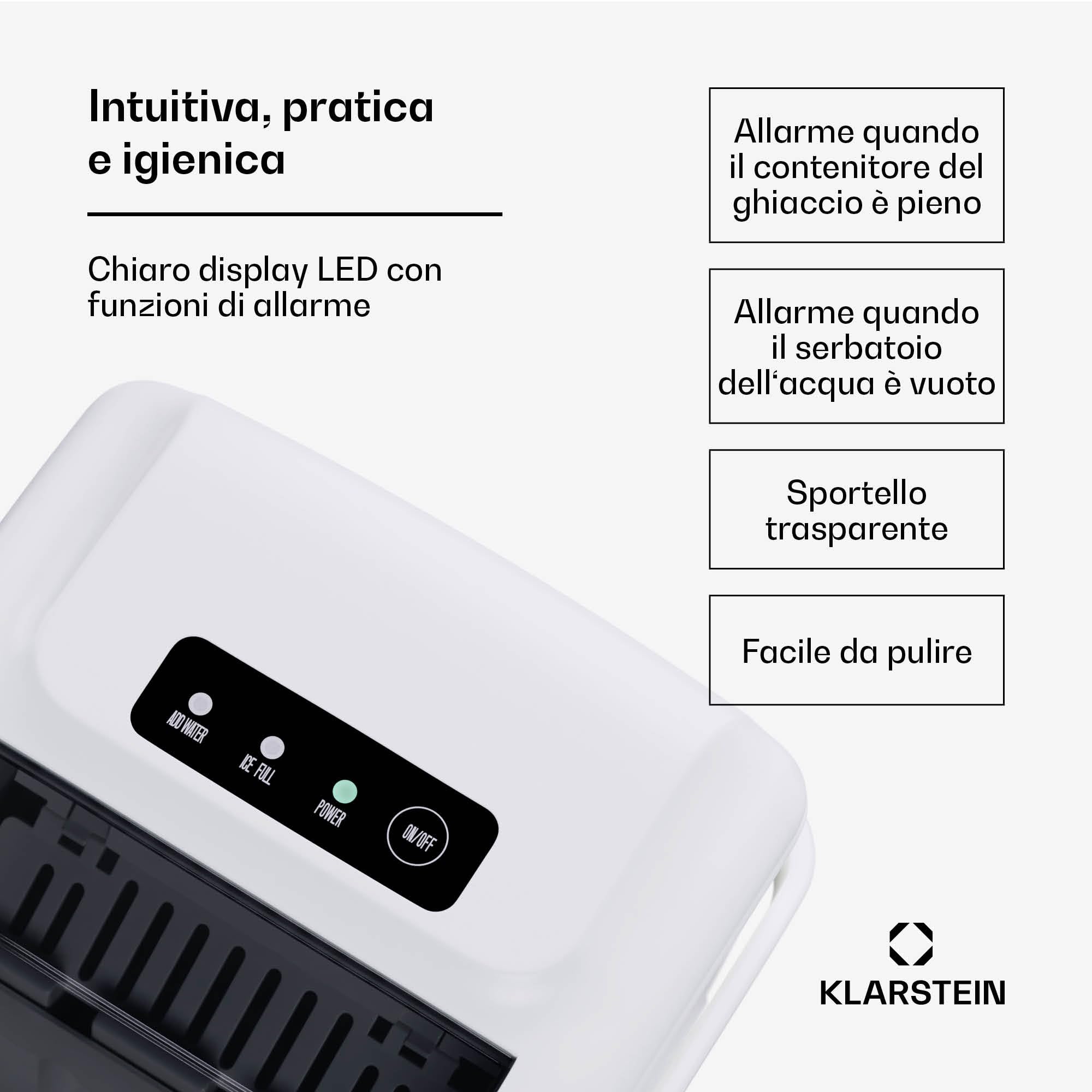 Klarstein Macchina Ghiaccio - 12kg/24h, 2 Dimensioni Cubetti, Serbatoio 1.3L, Controllo Tattile, LED Indicatori, Portatile, Ideale per Casa/Feste
