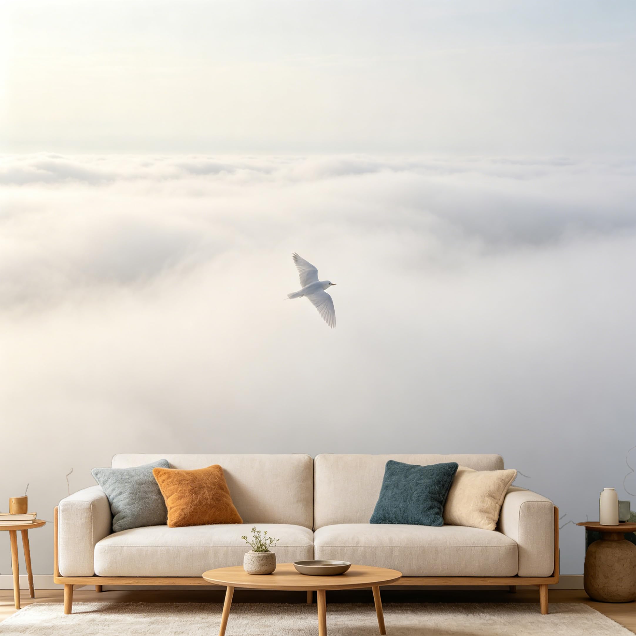 Custom Size Wall Mural Minimalist White Bird Flying Above Clouds Landscape SelfAdhesive Art Prints wall Fabric（No PVC） Removable Wallpaper Home Bedroom Decor