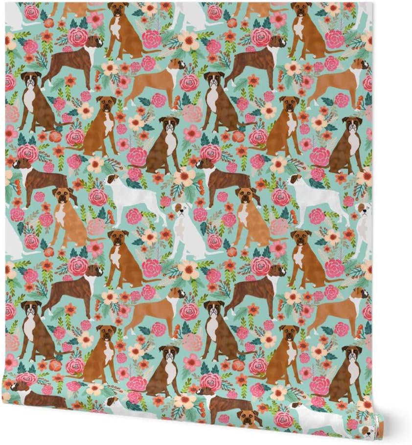 Peel & Stick Wallpaper 12ft x 2ft - Boxer, Dog Breed, Vintage Style, Florals, Mint Green, Flowers, Dogs, Novelty Custom Removable Wallpaper by Spoonflower