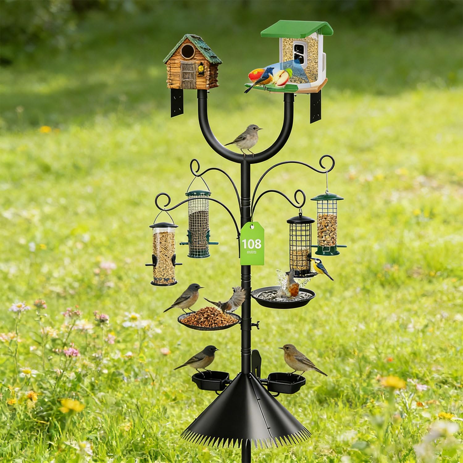 Mangeoire à oiseaux de forme incurvée modifiable avec barrière pour animaux sauvages et construction en métal robuste anti-écureuil