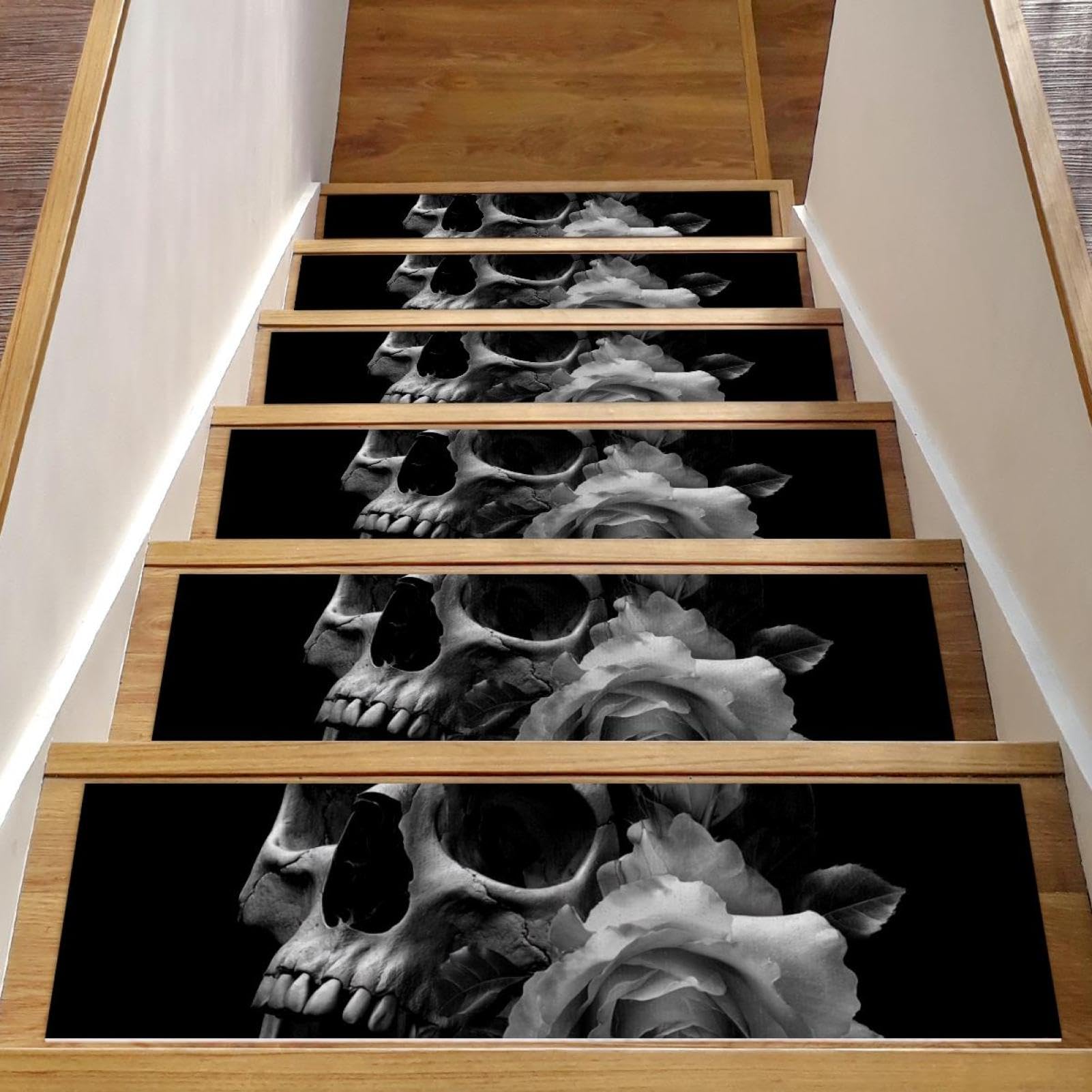 Tapis de marches d'escalier antidérapants lot de 15 autocollants noir tête de mort 76,2x20,3cm