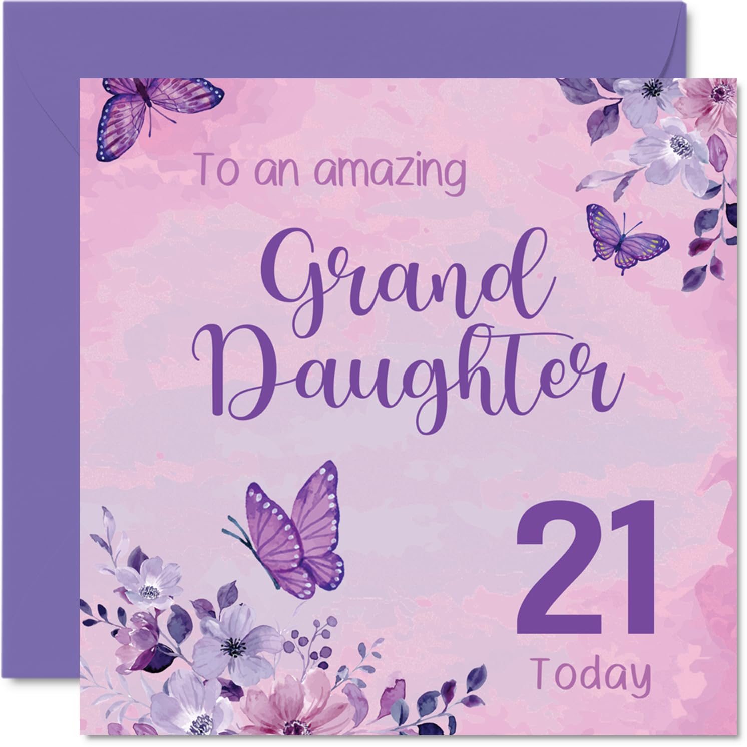 Milestone 21st Birthday Card for Granddaughter - Butterflies and Blooms for a Sparkling 21st - Vibrant Purple and Pink Design Stands Out - 145mm Square, Envelope Included