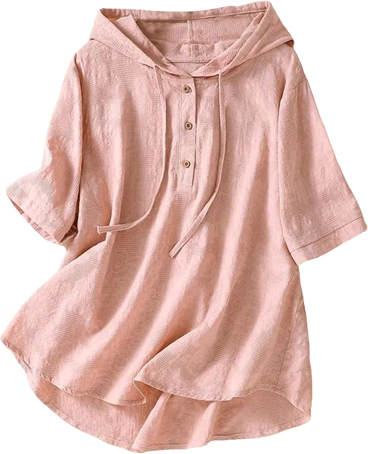 Women's Cotton Linen Hooded T-Shirt Top Casual Button Up 3/4 Sleeve Top Spring Summer Ladies Plus Size Blouse