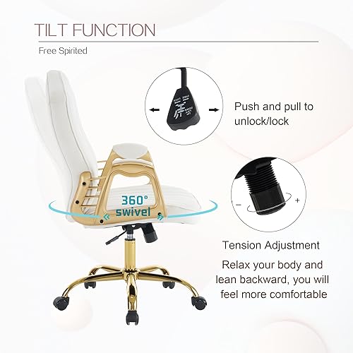 Miniatura 7 de Silla de oficina en casa de terciopelo con brazos y patas dorados, cómoda silla de escritorio giratoria tapizada y capitonada, cómoda con ruedas