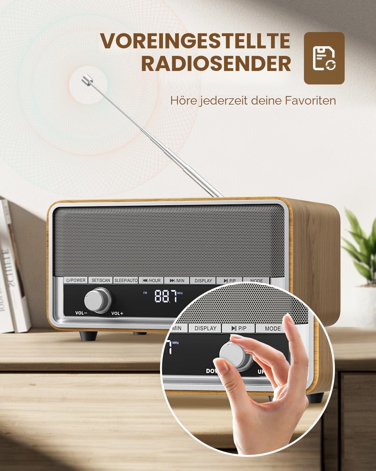 Retro AM UKW-Radio mit digitaler Wandstecker für Schlafzimmer mit LCD-Bildschirm, 40 Voreinstellungen, Schlaftimers, Retro-Bluetooth-Lautsprecher für Büro, gutes hölzernes Geschenk