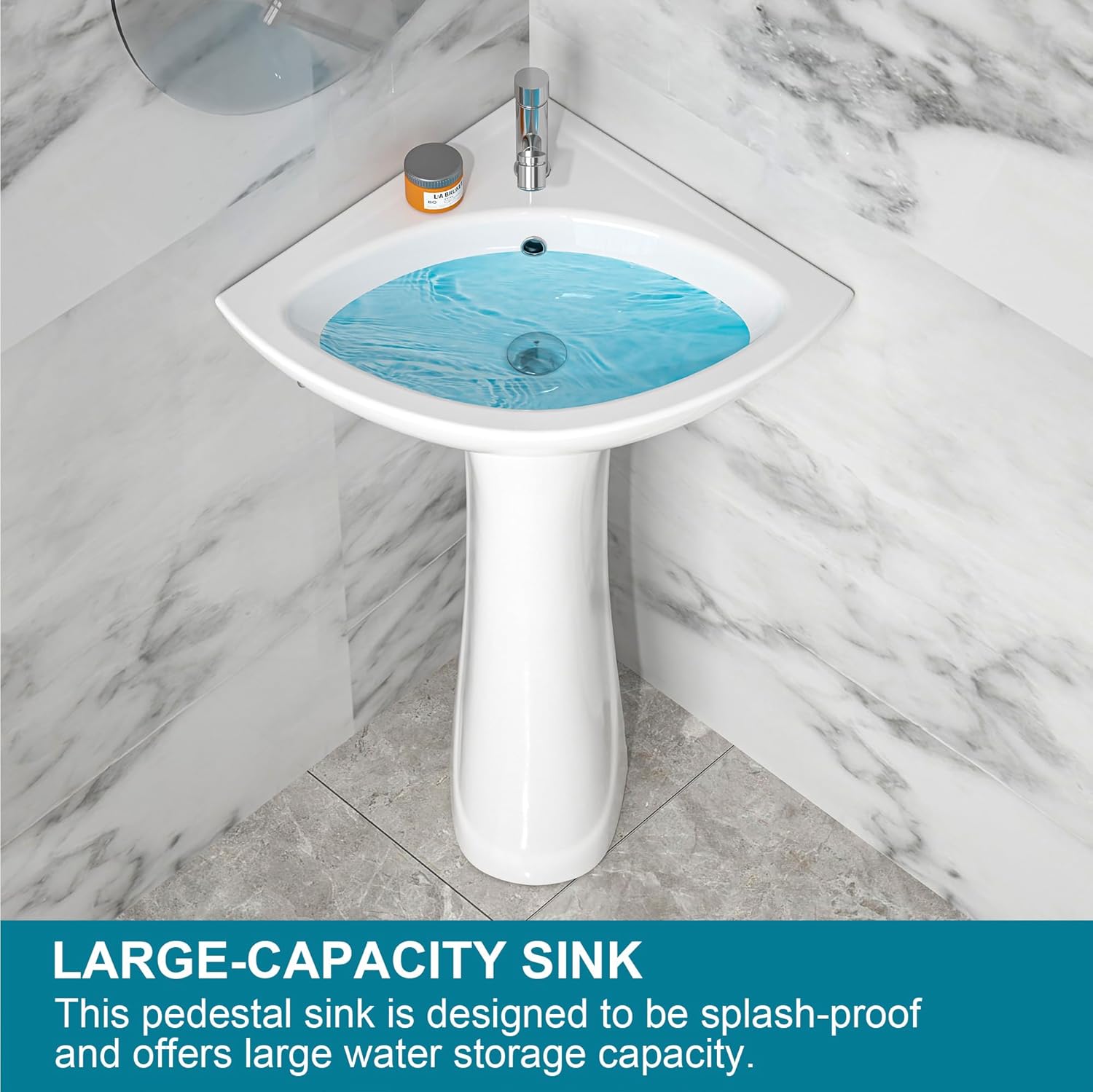 Corner Pedestal Sink White 1 Hole, 23 x 19 Inch Small Bathroom Pedestal Sink Combo, 1 Overflow Hole, 1 Faucet Hole, Pure White Porcelain, Triangular, for Corner of Bathroom