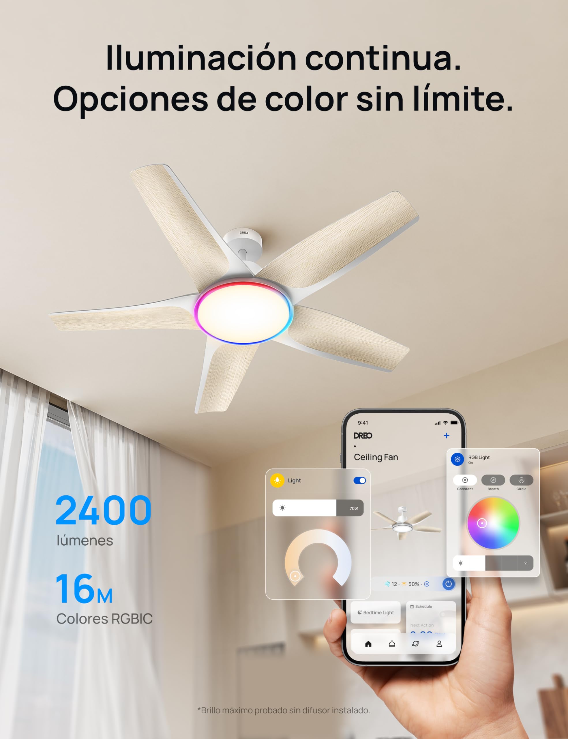 Dreo ventilador de techo inteligente de perfil bajo con luz 132 cm, LED regulable con temperatura de color ajustable, iluminación ambiental RGB, motor CC silencioso, instalación fácil, APP, blanco