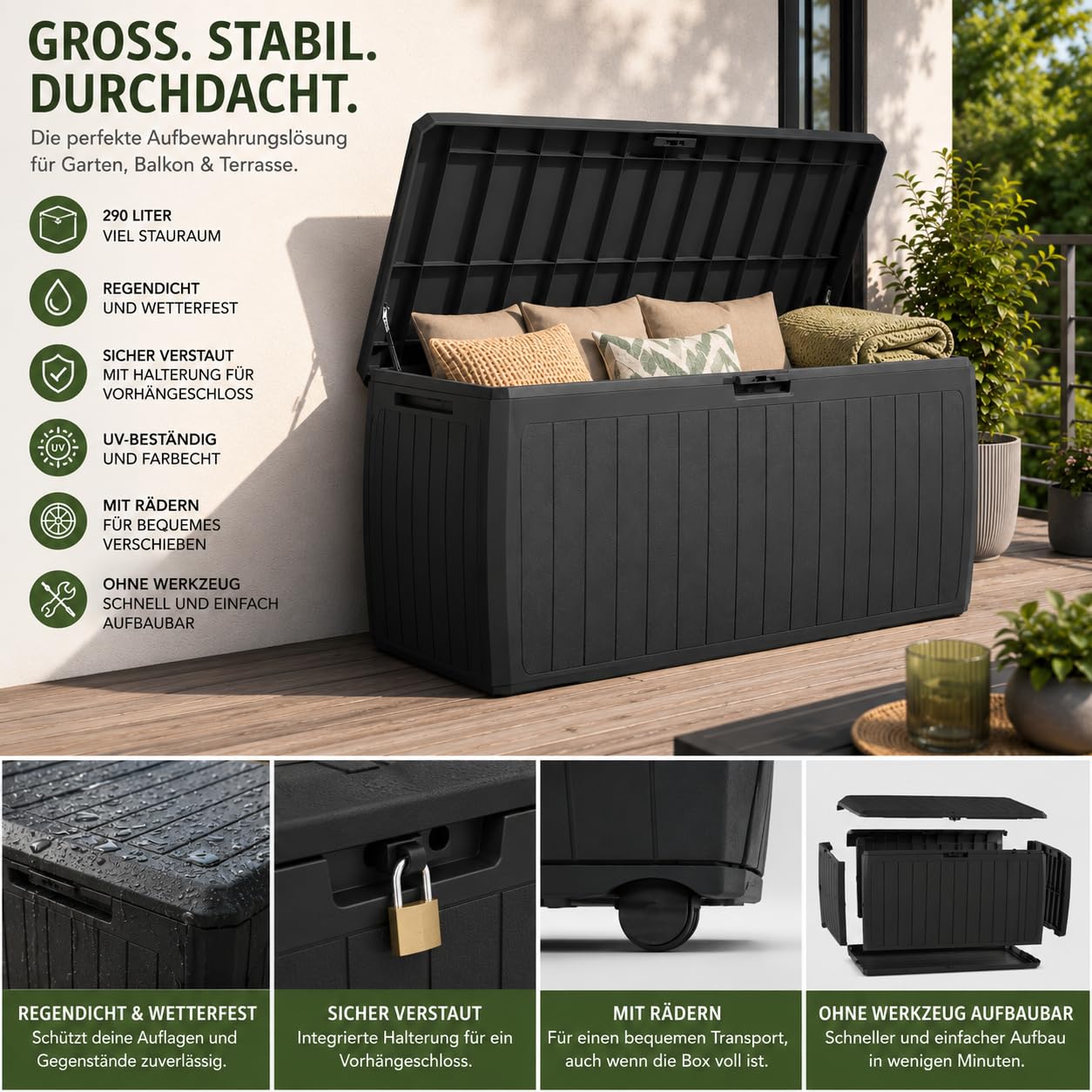 BigDean Gartenbox Auflagenbox wasserdicht 290 Liter 116cm lang 60cm hoch 47cm breit Made in Europa abschließbar