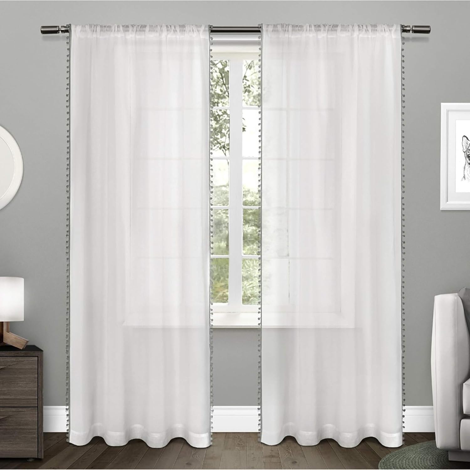 EXCLUSIVE HOME Pom Pom Embellished Sheer Rod Pocket Top Curtain Panel Pair, 54"x96", Black Pearl