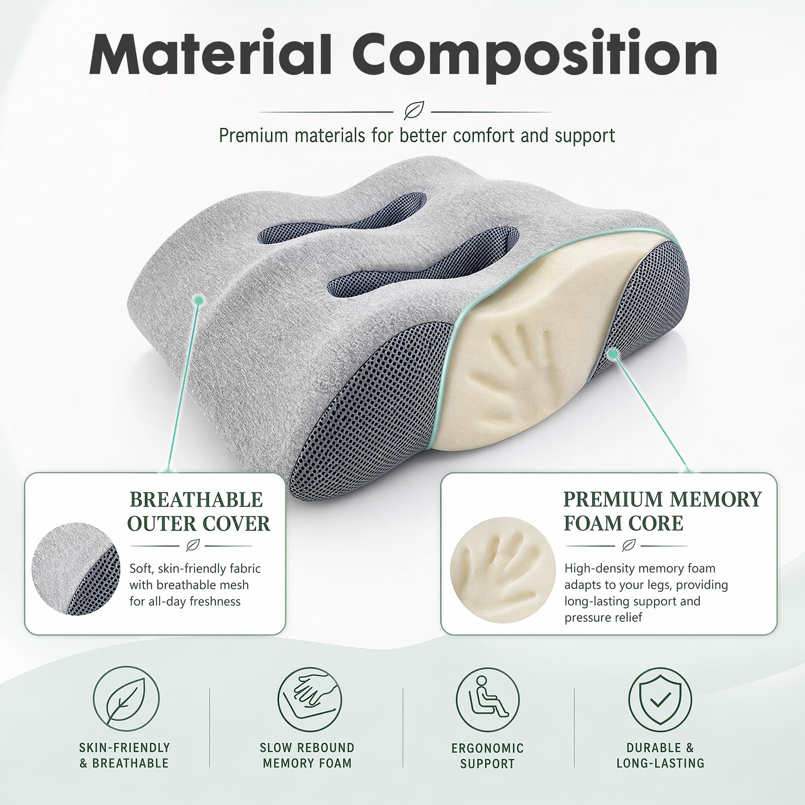 Cojín Piernas Espuma Viscoelástica Ergonómico Transpirable | Cojín soporte piernas viscoelástico, funda extraíble lavable, dos colores para descanso doméstico y convalecencia