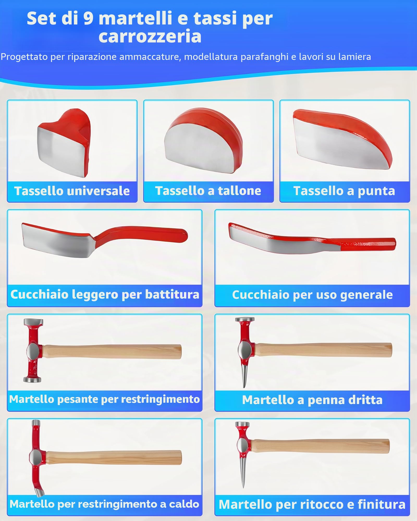 DAYUAN Set di attrezzi per riparazione auto, 9 pezzi, kit di riparazione per parafanghi | 4 martelli e 5 carrelli, forgiati per la resistenza, per riparare parafanghi, paraurti e ammaccature, custodia blu