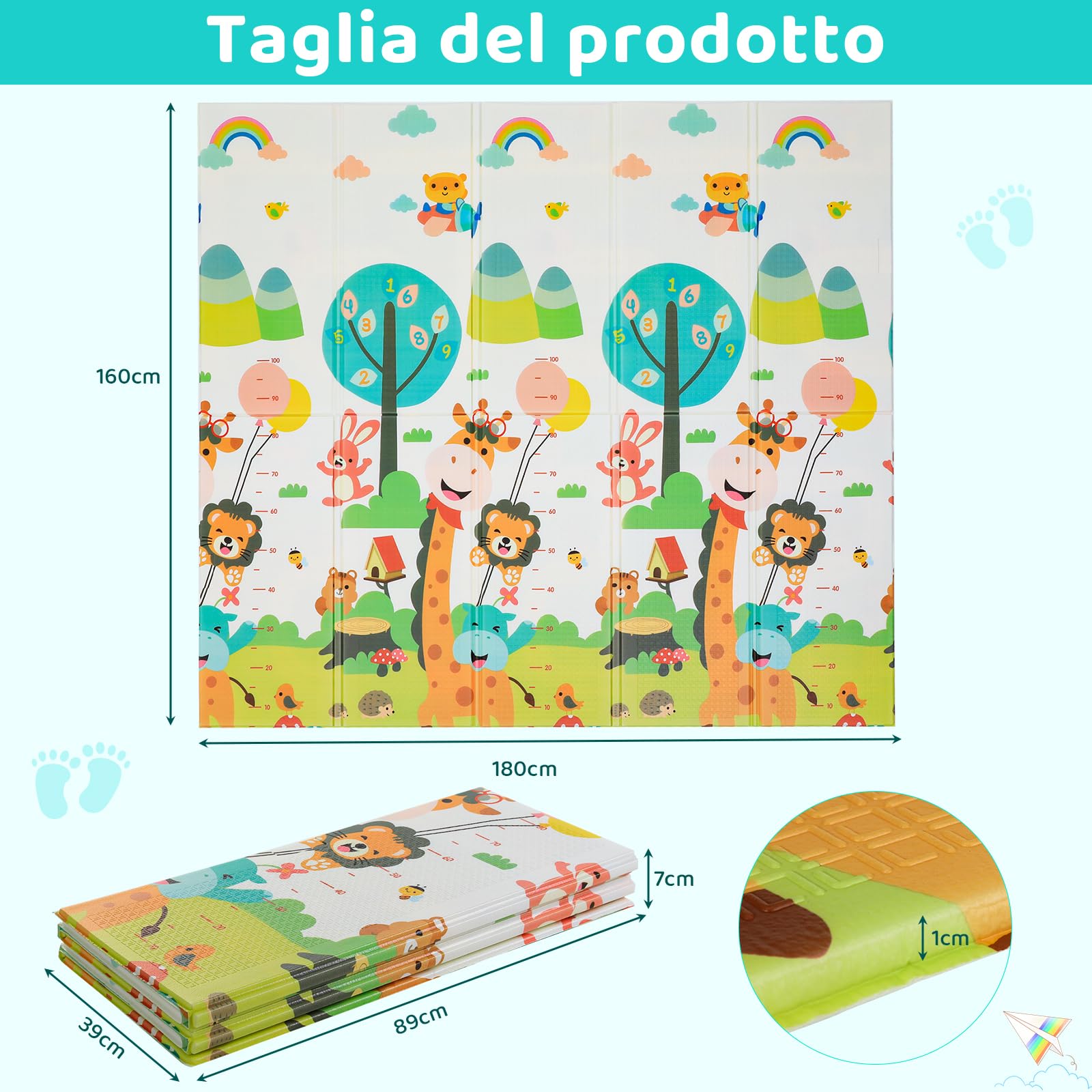 Tappetino da Gioco per Bambini, 180 x 160 cm x 1 cm, Tappeto Gioco Neonato, Tappeto Bambini Reversibile, Non Tossico, Fondo in Schiuma XPE, Pieghevole, Impermeabile, per Sviluppo Sensoriale, Giraffa