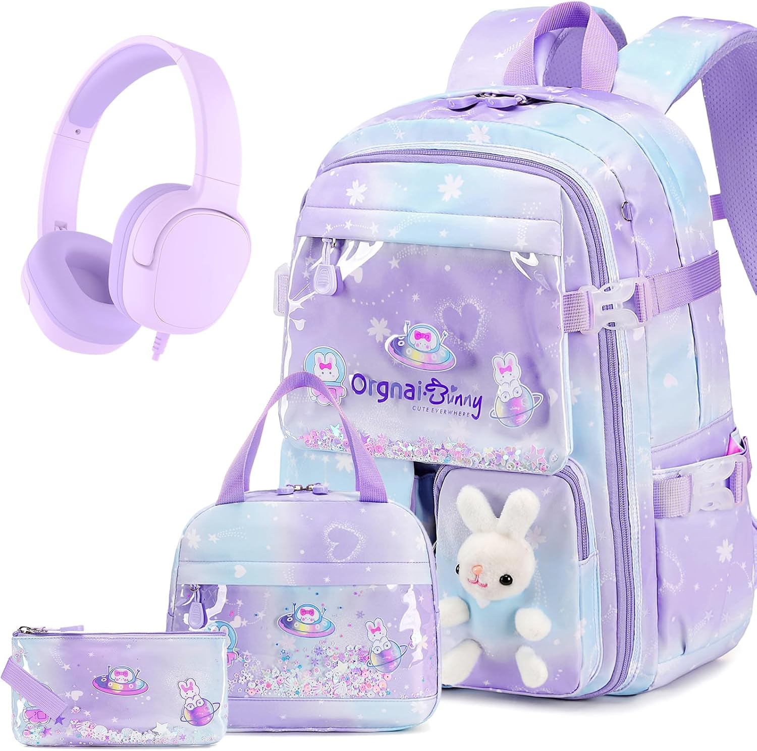 FIXITOK Girls Backpack Set, 4PCS Kids Backpack for Girls with Kids Headphones, Kawaii Bunny School Backpacks for Girl Kindergarten Elementary Preschool Middle School Bags with Lunch Box Pencil Case