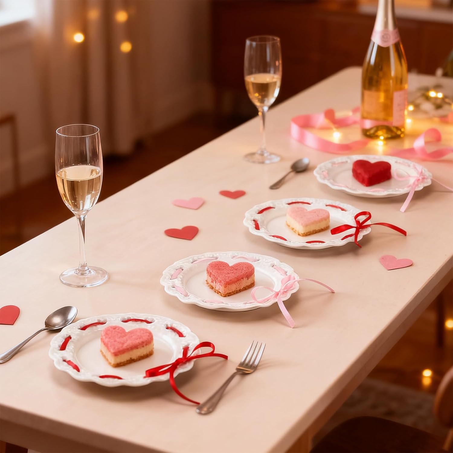 FoldTier 4 Pack Valentine's Day Heart Ceramic Plate 6 Inch White Porcelain Dessert Salad Plate Love Heart Serving Dishes with Ribbon for Valentines Day Wedding Anniversary Party Supplies