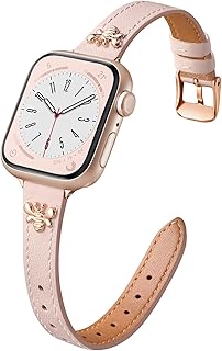 CeMiKa Bracelets Cuir Etroit Compatible avec Bracelet Apple Watch 38mm 40mm 41mm, Bracelet Cuir Fin avec Charme pour Apple Watch Series 11 10 9 8 7 6 5 4 3 SE3 SE, Femmes Hommes, Rose/Or RoseAbeille
