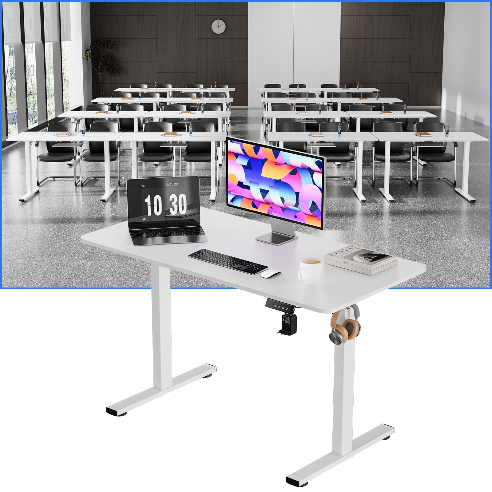 buybyroom Salas de Conferencia, Estructura Mesa Elevable, Patas Escritorio Elevable para Mesa Regulable Altura, con USB, Sin Panel de Escritorio