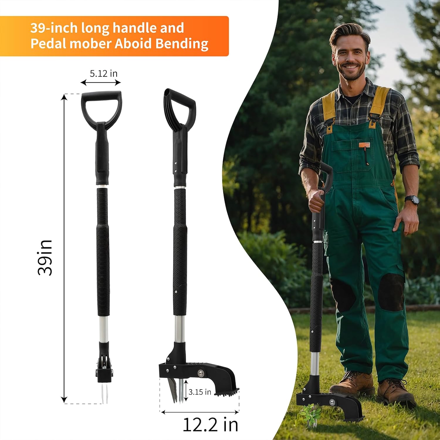 Weed Puller Tool, Gardening Stand-Up Weeder Puller with Ergonomic 39" Long Handle and 4 High-Strength Stainless Steel Claws, Easily Weeds Without Bending, Pulling, or Kneeling（Black）