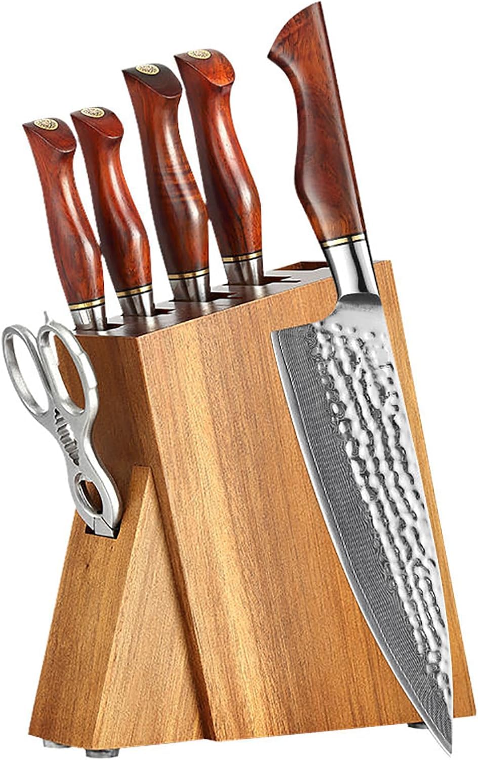 7-Piece Damascus Kitchen Knife Set - Natural Rosewood Handle Knife Block Set - 73-Layer Japanese SUS410 Steel -