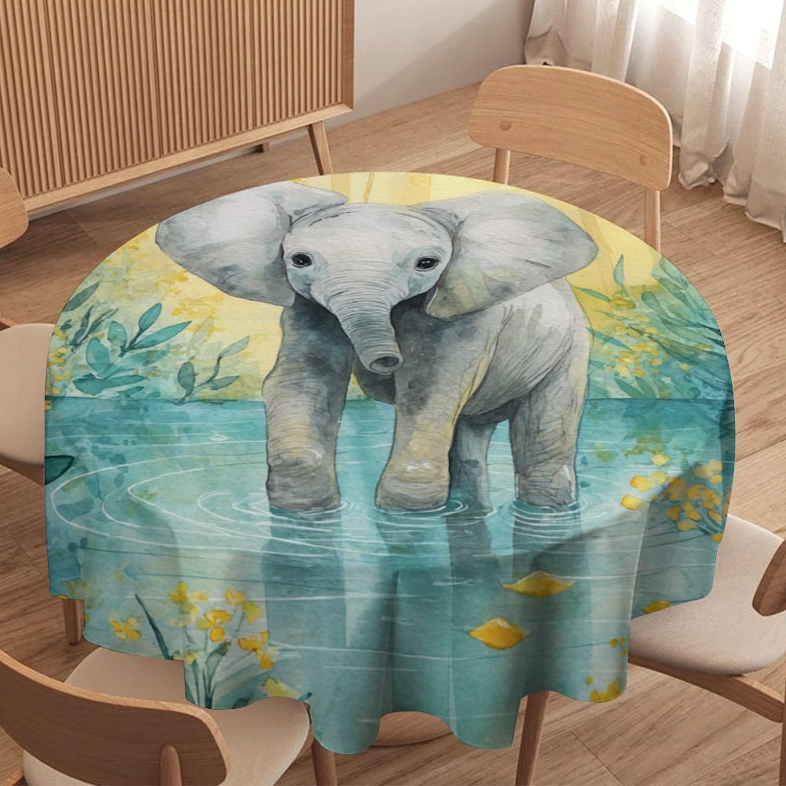 LUYYSKY Beautiful Abstract Baby Elephant Round Tablecloth Cute Realistic Tropical Jungle Animal Elephant Flowers Washable Decor for Table Cover for Kitchen-127 Wx127 L cm