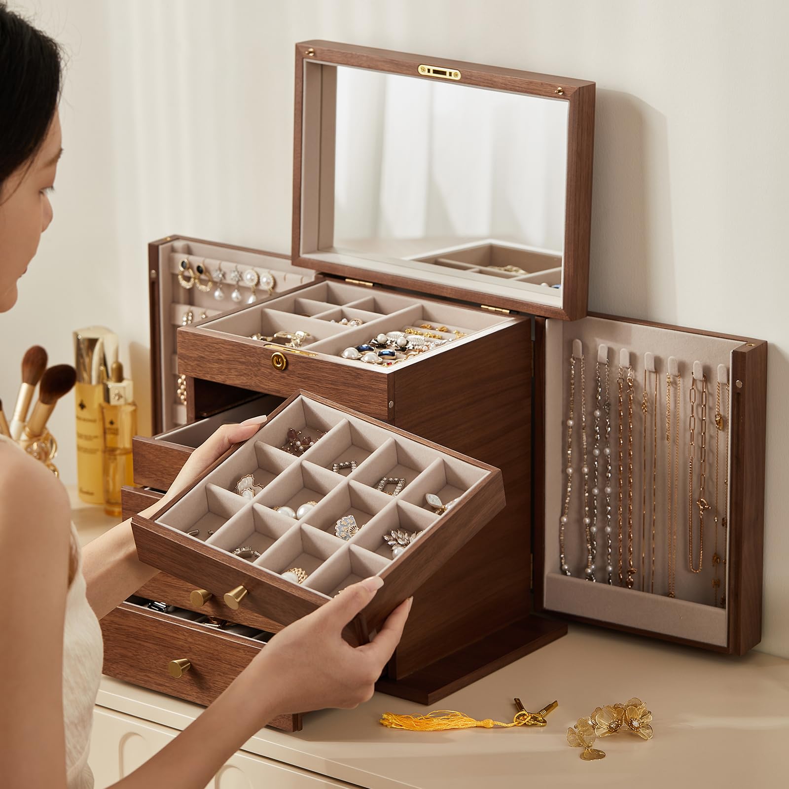 Schmuckkästchen aus Holz, 6-lagiger Schmuckorganizer mit 2 Seitentüren, Spiegel und abschließbarem Schloss im klassischen Stil – Geschenk für Frauen