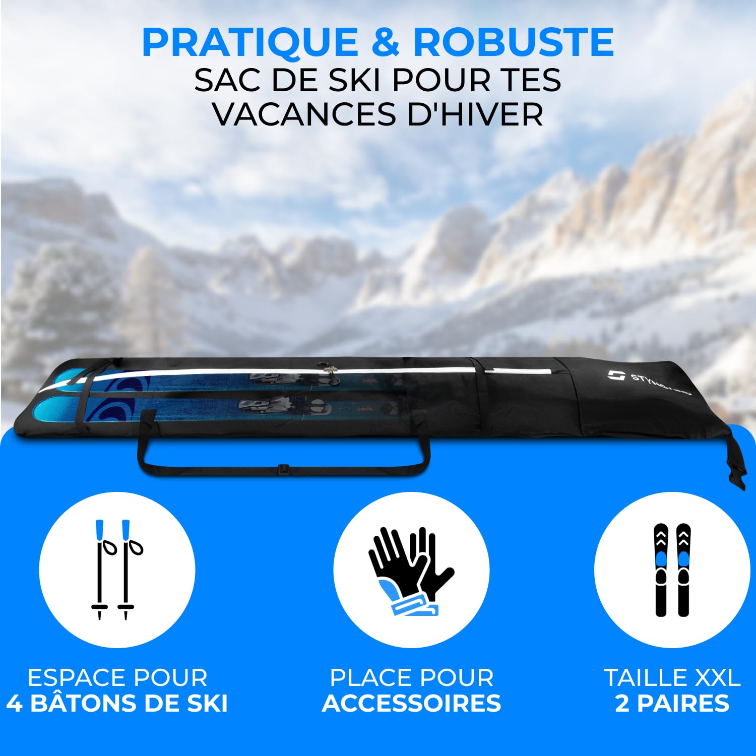 STYNGARD Double Sac de Ski pour 2 Paires de Skis 200 cm - Sac à Skis Robuste avec Rembourrage imperméable Modèle Kitzbühel