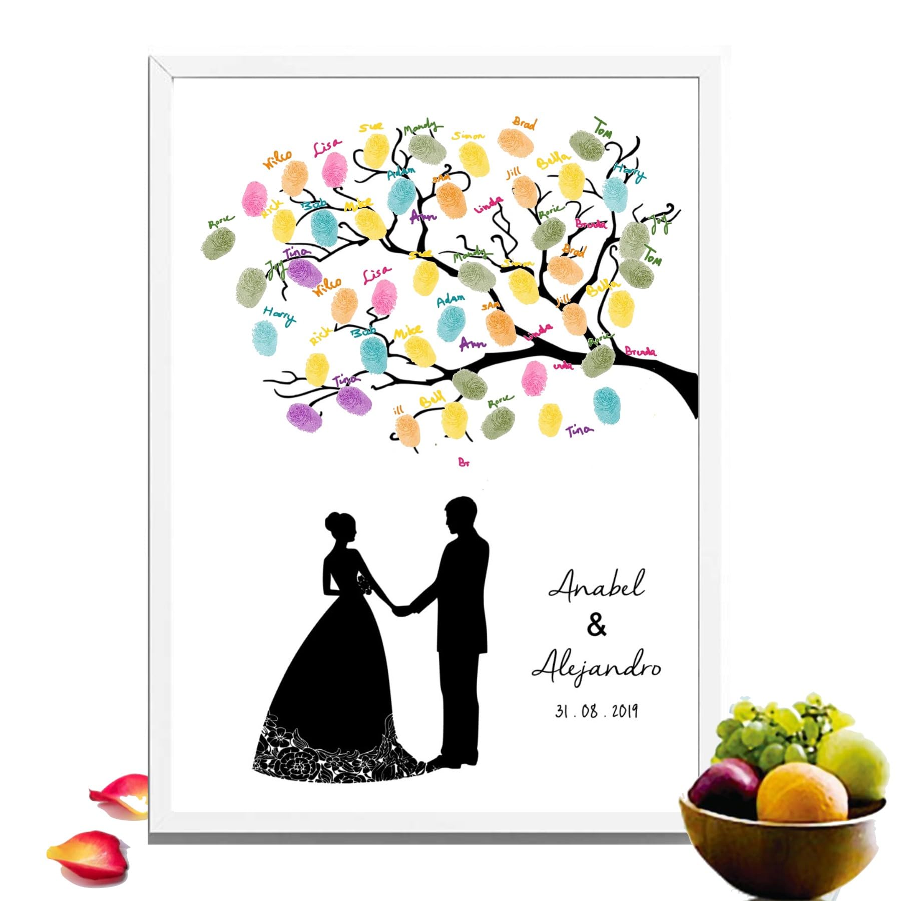 Libro Firmas Boda, Cuadro de Huellas Personalizado, Regalo Original para Novios, Incluye Marco de Madera 3 Colores, Tintas e Intrucciones. (Huellas Parque, 50 X 60 CM)