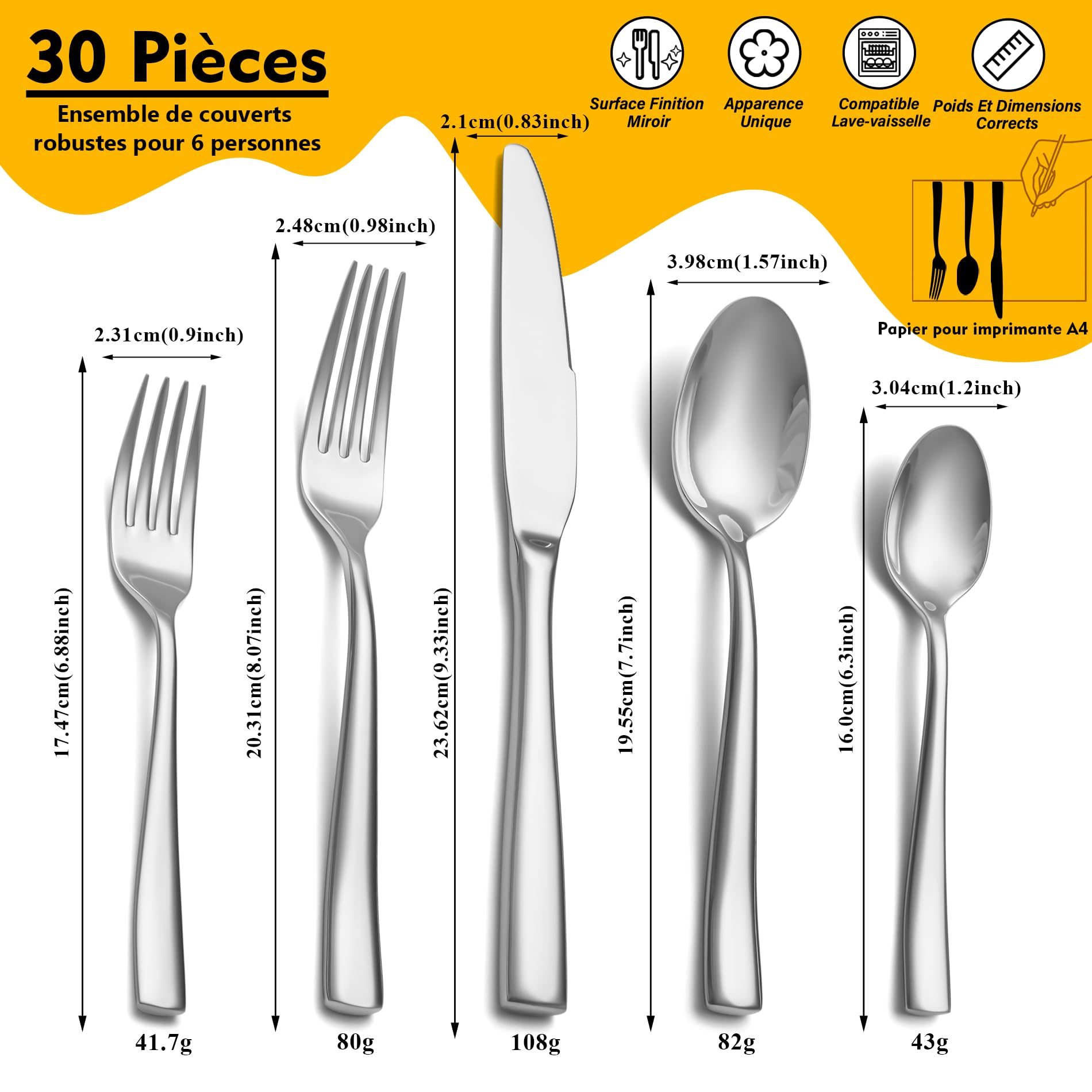 Set de Couverts Lourd 6 Personnes, 30 Pièces en Acier Inoxydable, Couverts de Table Élégants Couteau Fourchette Cuillère, Finition Brillant Poli, Lavable au Lave-Vaisselle