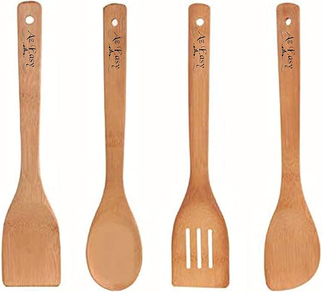 New Premium Bamboo Kitchen Utensil Tool Set of Spoons Spatula Turner kitchenware Heat Resistant Gadget eco-Friendly Natural Wooden Made Kitchen Ware Pack 4