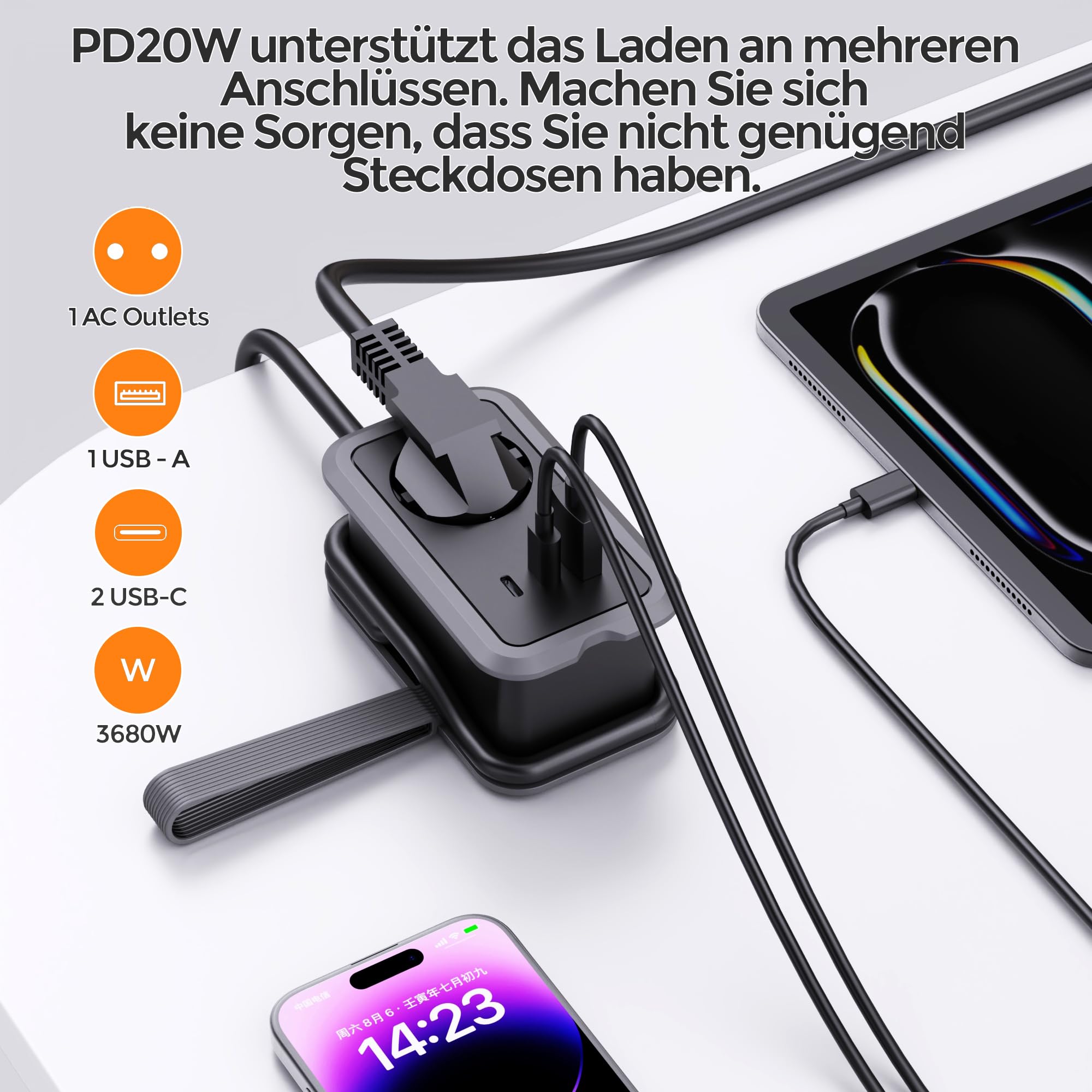 PD20W listwa zasilająca 4 w 1 z wtyczką USB i typu C, 3680 W, 16 A, adapter z wieloma gniazdami i kablem do transmisji danych, do iPada, iPhone'a, tabletów, szara