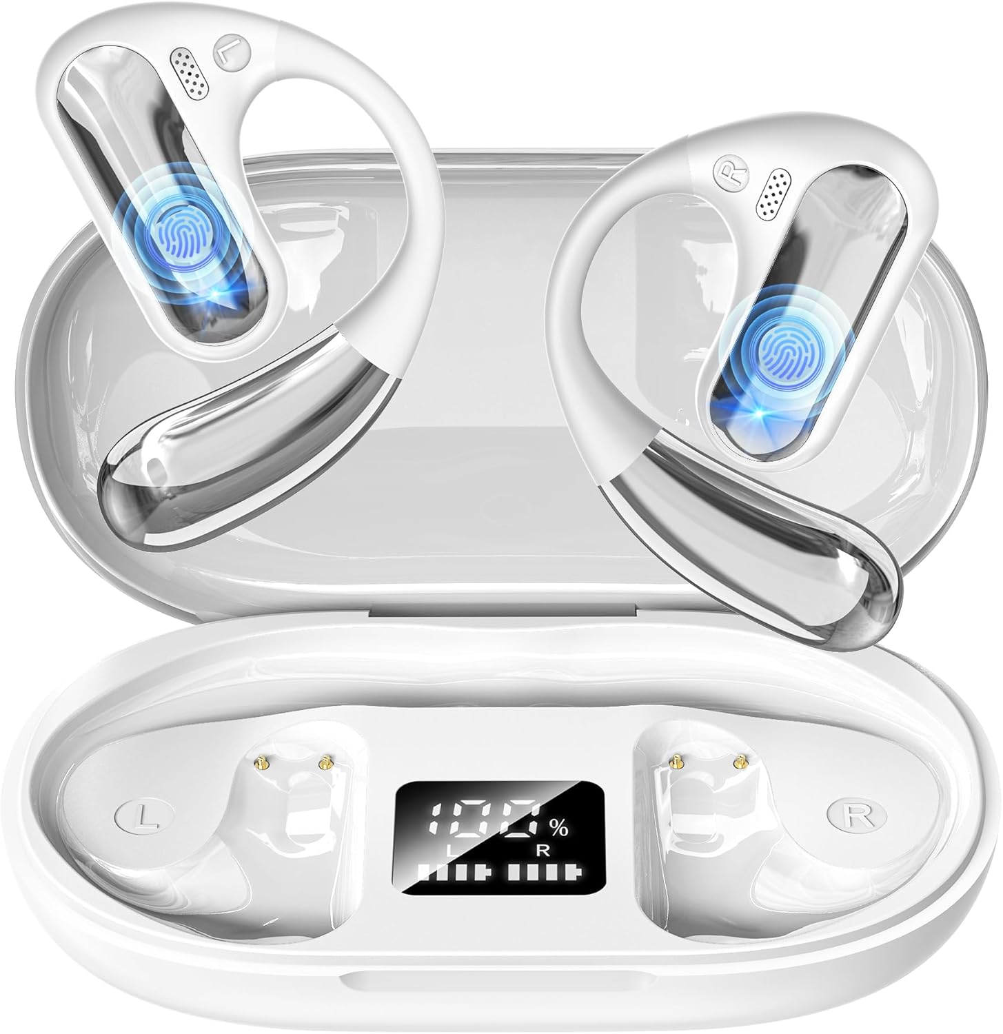 Open Ear Headphones, Bluetooth 5.4 Wireless Earbuds with Ear Hooks, 60H Playtime, AI Clear Call, LED Display Charging Case, IPX7 Waterproof Sports Earphones for Running Workouts Commute, White