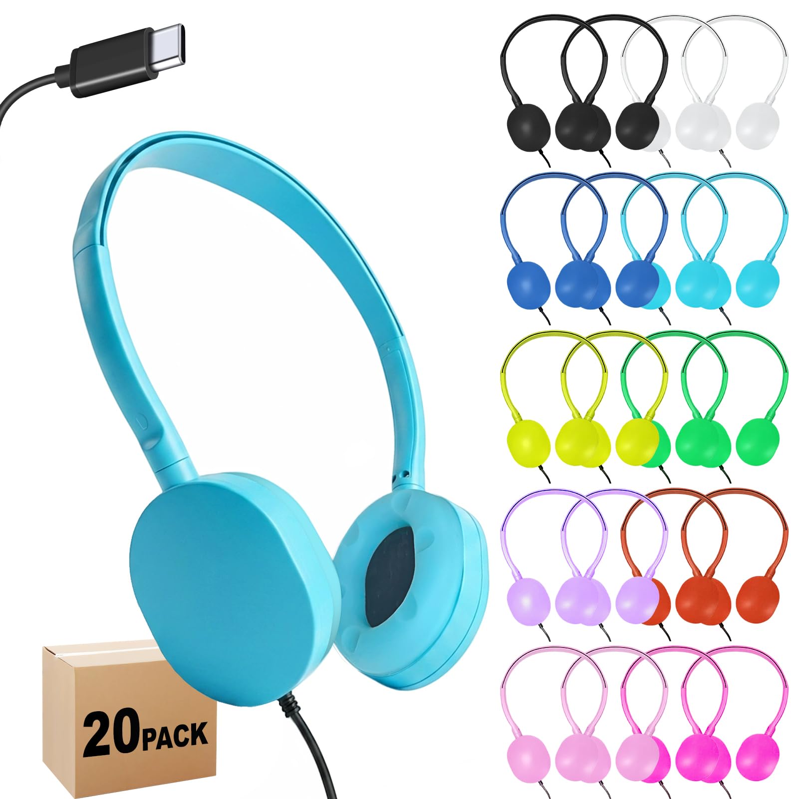 USB-C Headphones, 20-Pack, Multi Color