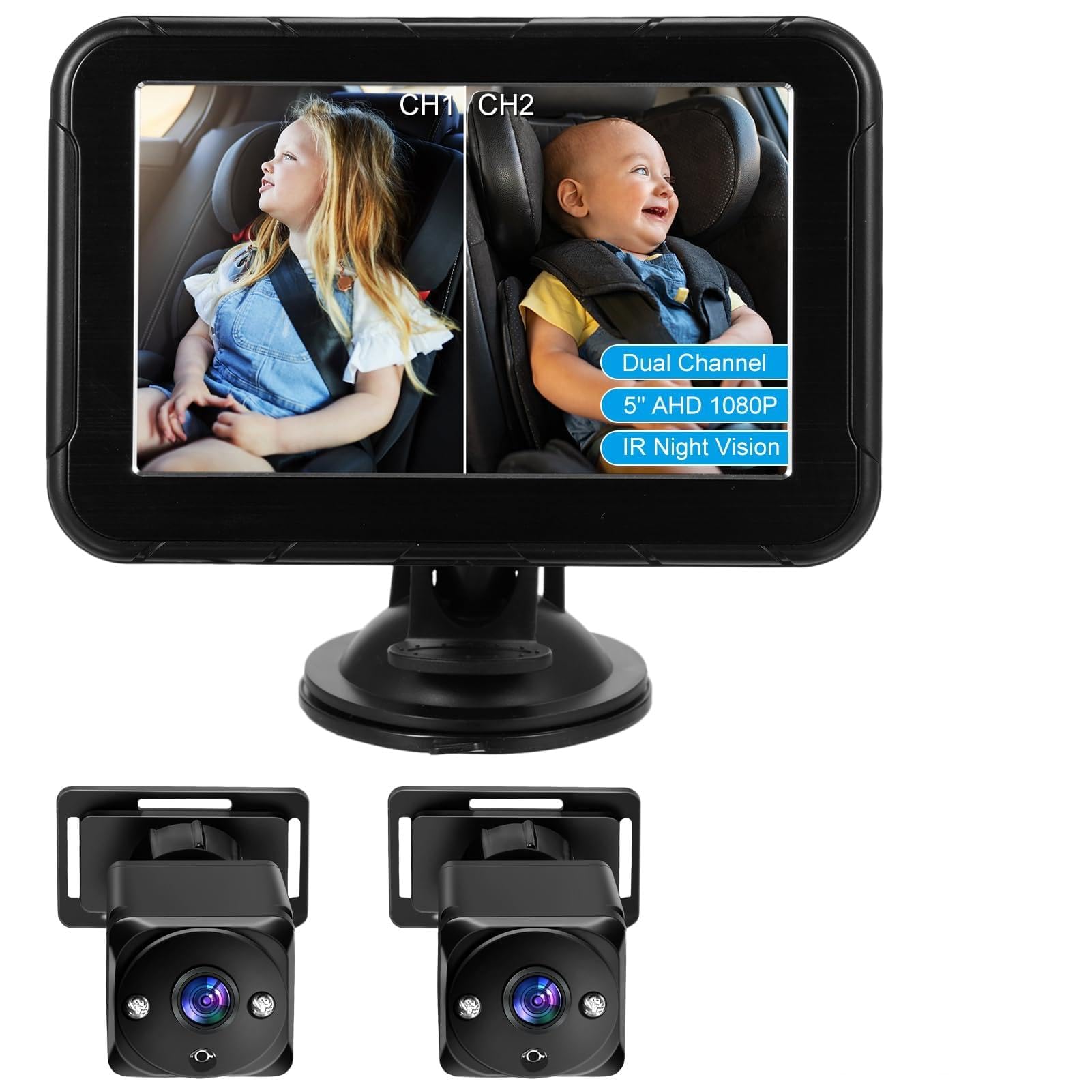 Cámara para Asiento de Coche para Bebés, Doble Canal, Pantalla de Visión Nocturna 1080P 5 Pulgadas, Gran Angular Asiento Orientado hacia Atrás, Monitor Seguridad Niños