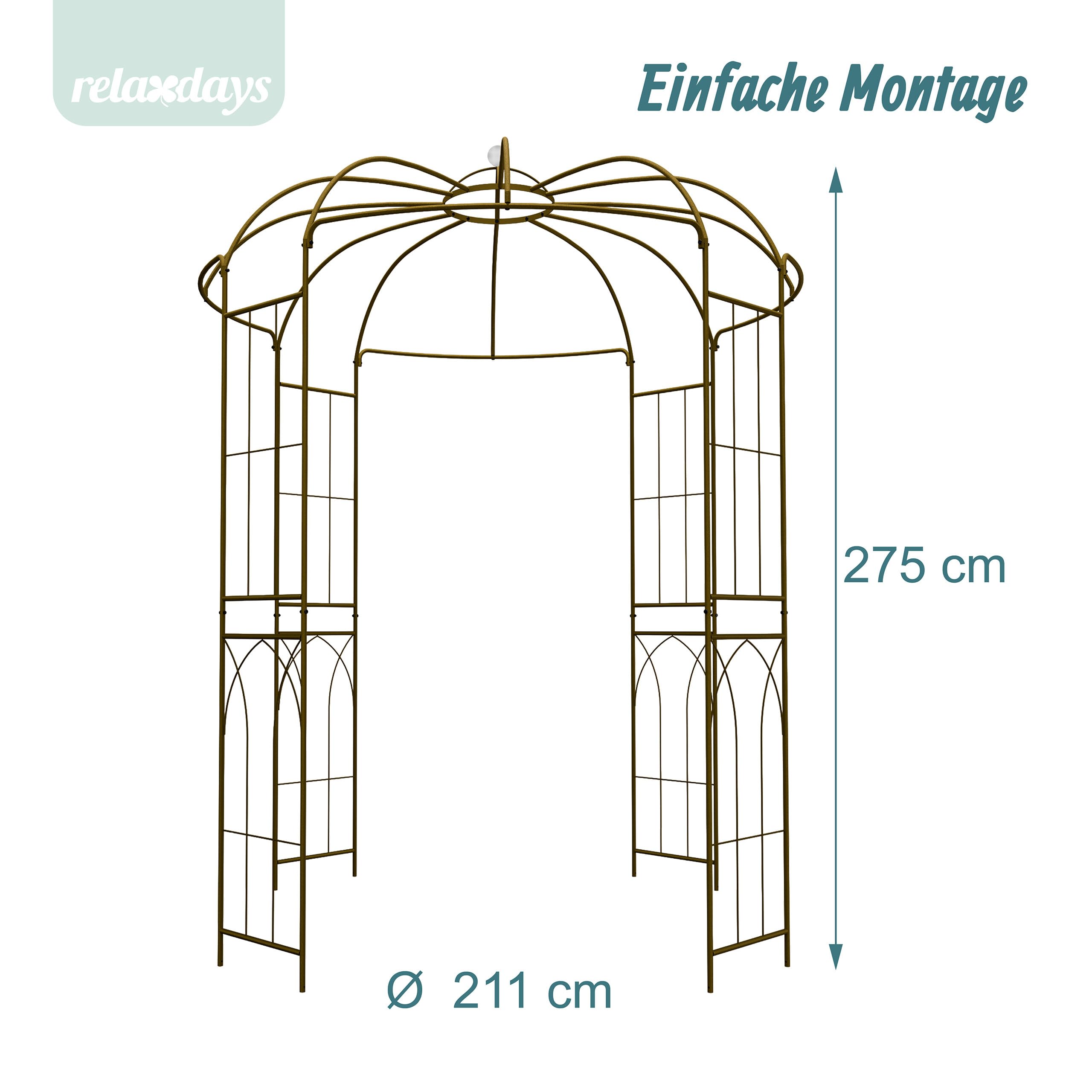 Relaxdays Pavillon Rosiers Métal, 275x211x211 cm, Bronze, Support Plantes grimpantes, Accessible, Jardin
