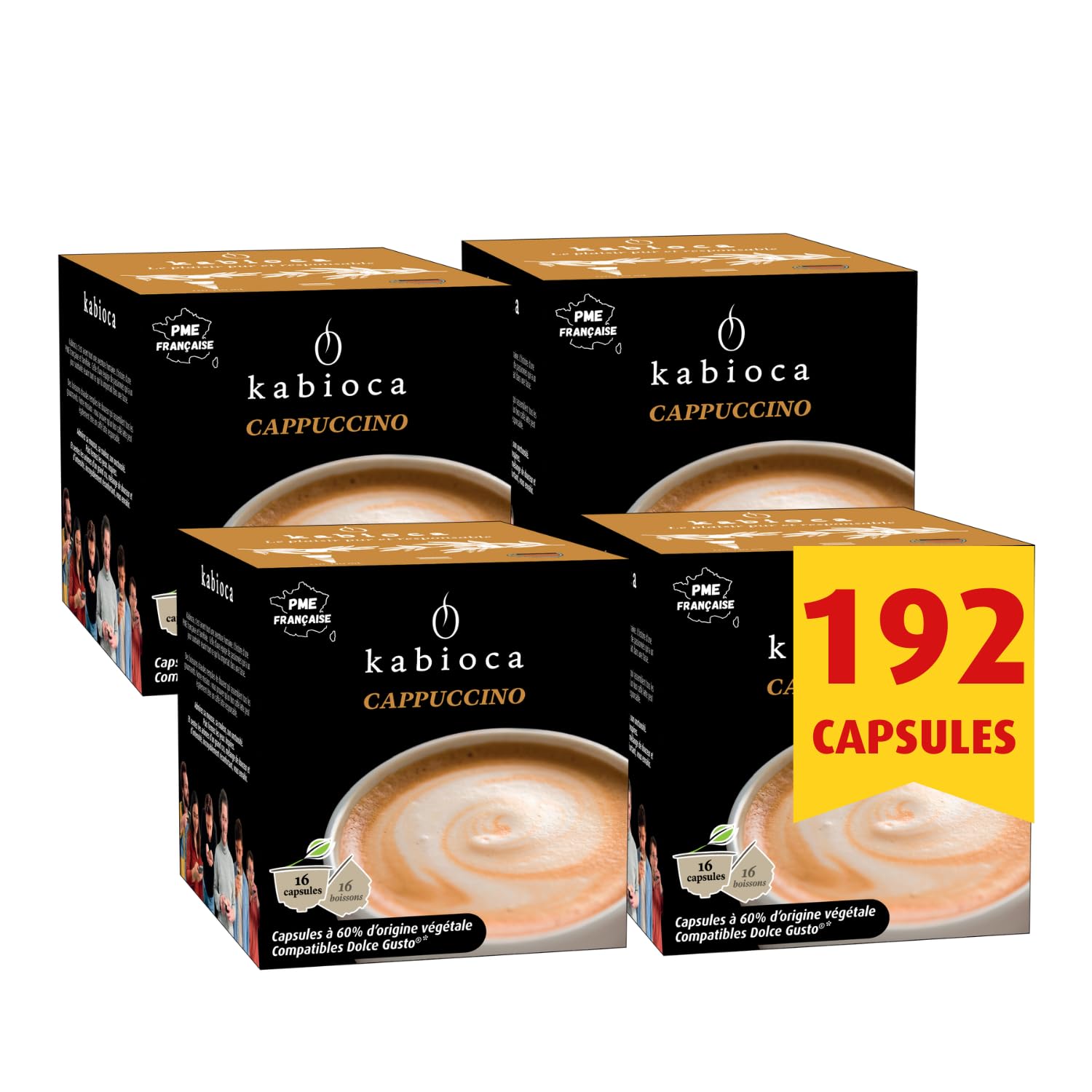 Kabioca Cappuccino Compatible Dolce Gusto - 192 Dosettes Végétales (Lot de 12 x 16 capsules)